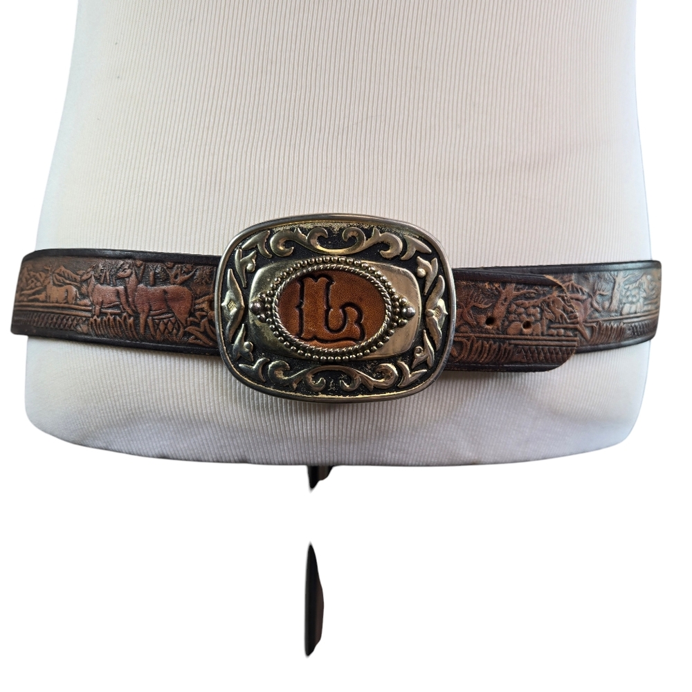 Vtg "L" western rodeo tooled leather belt monogram personalized buckle